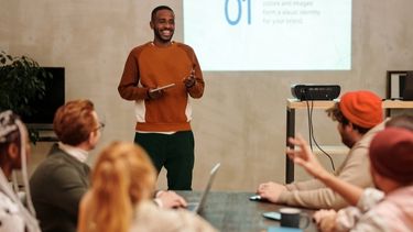 Students studying on the projector