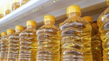 Bottles of cooking oil on a shop shelf