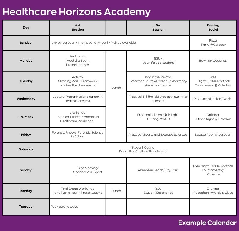 Example timetable for healthcare horizons academy including calendar of events