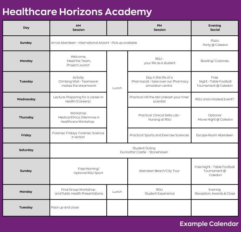 Example timetable for healthcare horizons academy including calendar of events